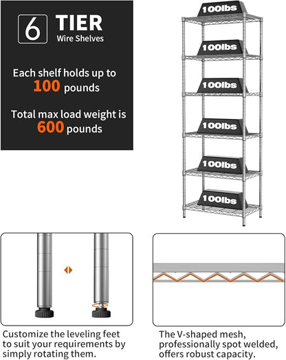 SINGAYE 6 Shelf Wire Shelving Unit Adjustable Metal Shelves Standing Bathroom - Image 4