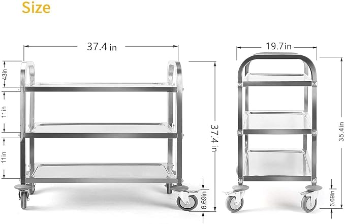 uyoyous 3 Tier Stainless Steel Utility Cart 37"x20"x37" Commercial Heavy Duty - Image 2