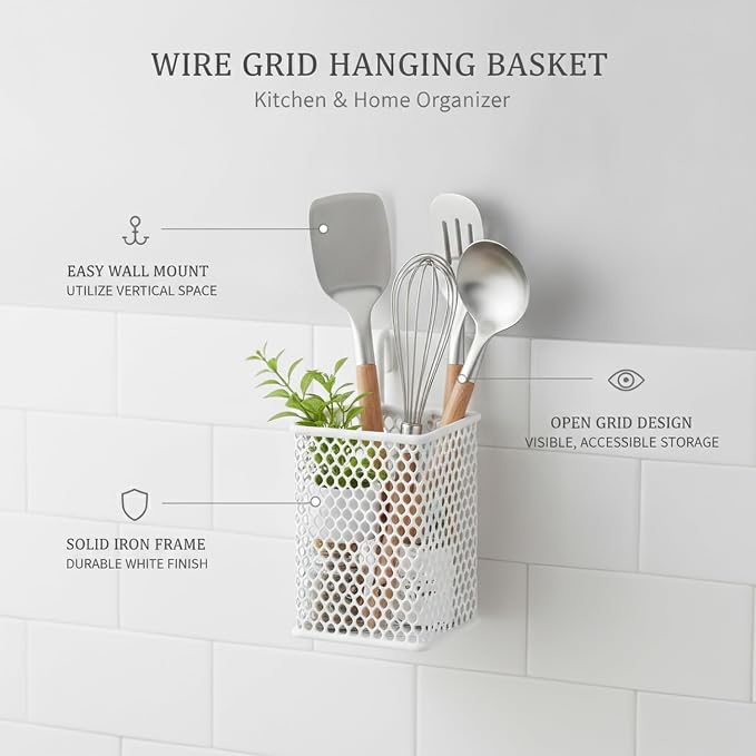 Wire Grid Hanging Basket, Iron Wall Mount Organizer - Image 5