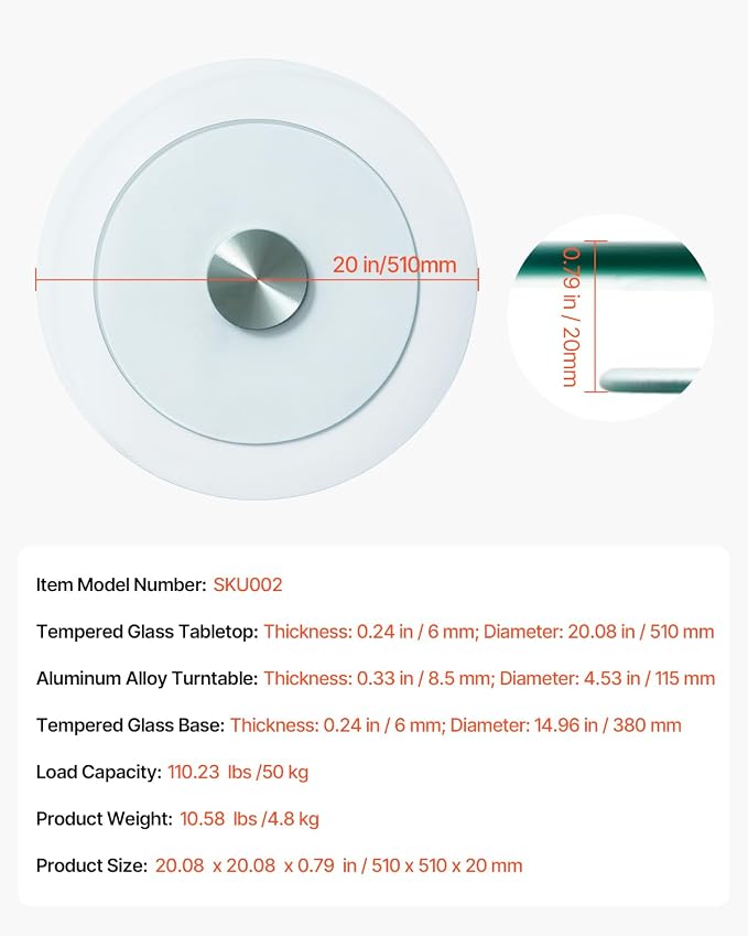 VEVOR 20 in Glass Lazy Susan Turntable, 360° Rotation Round Clear Tabletop - Image 7