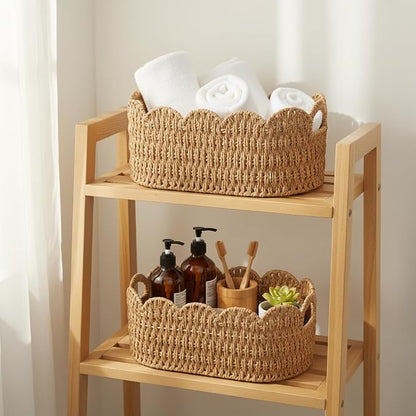 Paper Rope Scalloped Basket Set of 2, Woven Storage Baskets - Image 3