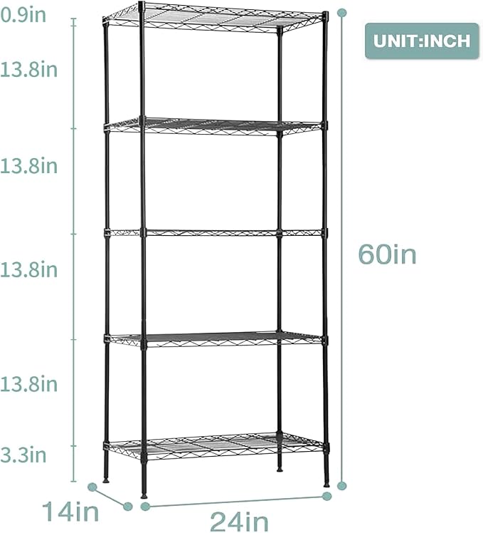 FDW | 5-Tier Wire Shelf | 24" x 14" x 60" | Black | Storage Shelves - Image 3
