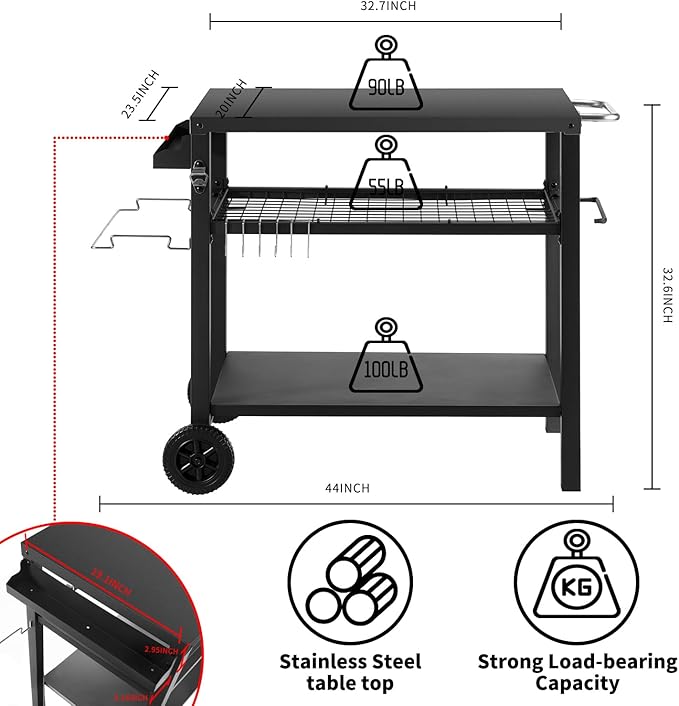 Grill Cart Table with Three Shelf, Movable Outdoor Dining Cart Pizza Oven Stand - Image 4
