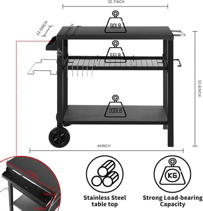 Dining Cart Table with Three Shelf, Movable Outdoor BBQ Grill Pizza Oven Stand - Image 4