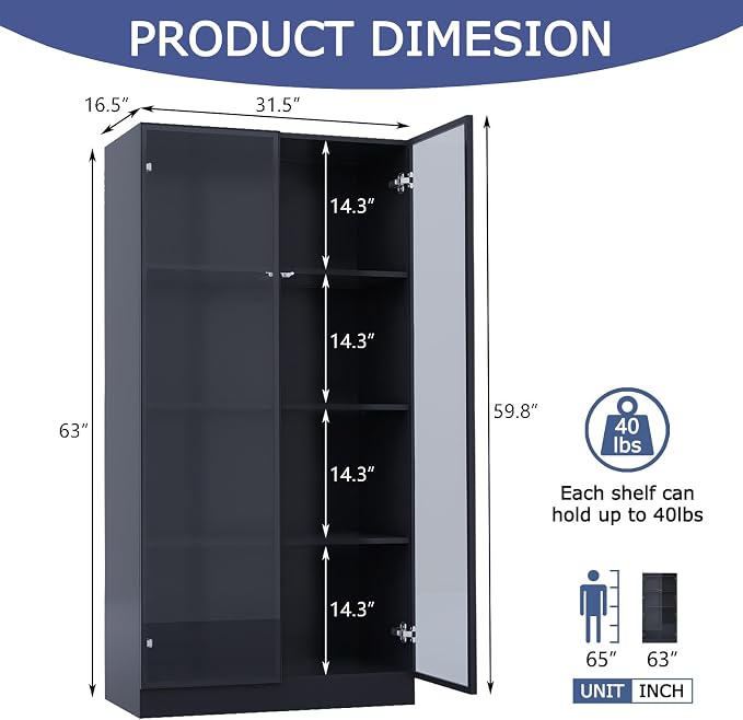 Glass Display Cabinet with LED Lights, Display Case Bookcase with 4-Tier Shelves - Image 2