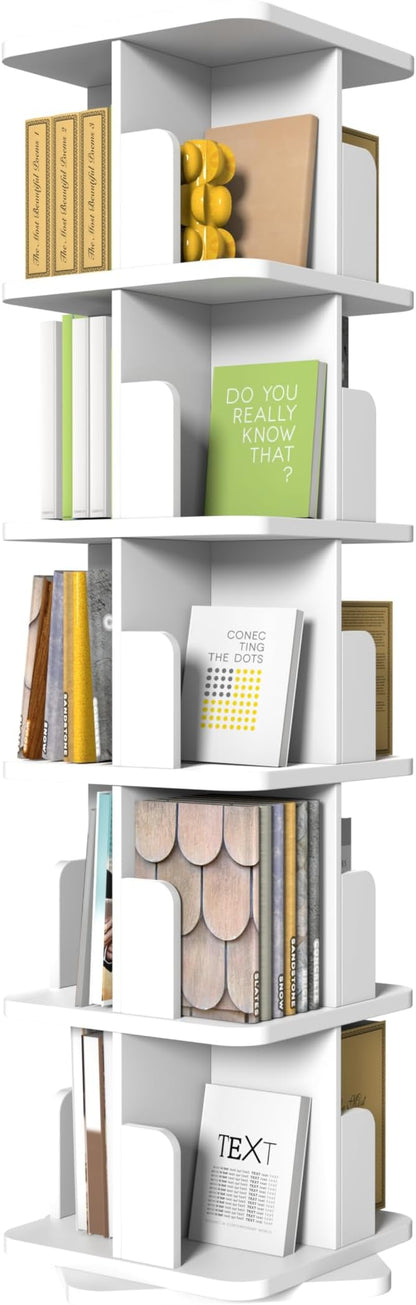 MHOM White Rotating Bookshelf, 360 Display 5 Tier Rotating Bookshelf Tower - Image 7