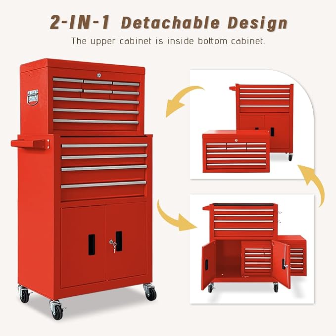 13-Drawer Double Doors Handle Rolling Tool Chest, 2 in 1 Detachable Rolling - Image 6