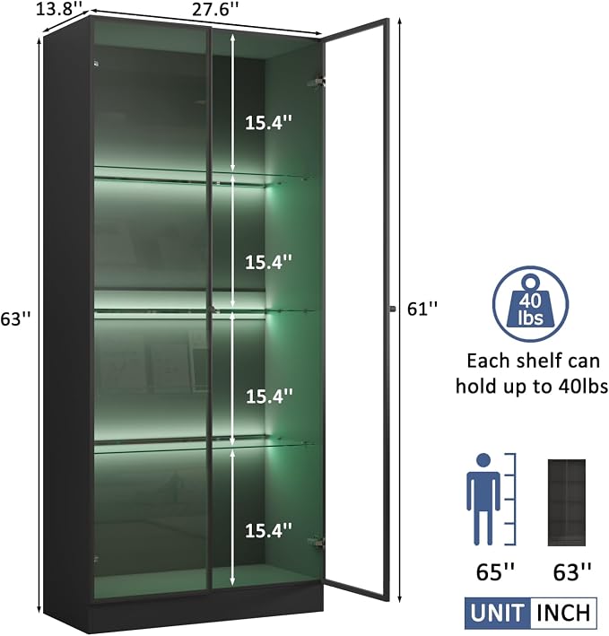 Display Cabinet with LED Lights, Display Case with 4-Tier Glass Shelves & 2 - Image 2