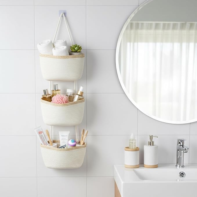TeoKJ Over the Door Hanging Basket, 3-Tier Woven Cotton Wall-Mounted Storage - Image 6
