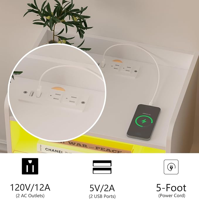 White Floating Nightstand with Charging Station and LED Lights - Image 5