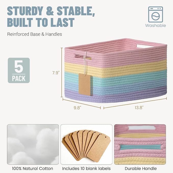 5 Pack Rainbow Woven Storage Baskets - Image 3
