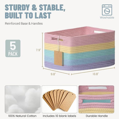 5 Pack Rainbow Woven Storage Baskets - Image 3