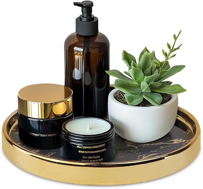 Small Round Black Decorative Tray – Marble Look Jewelry Dish, Perfume Organizer by Decor+Trends