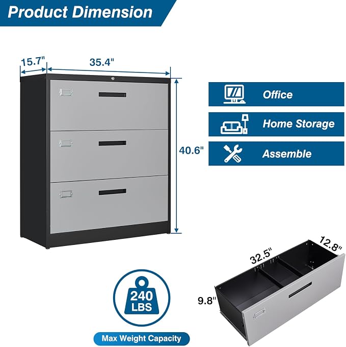 3 Drawer File Cabinet, Lateral Filing Cabinets - Image 3