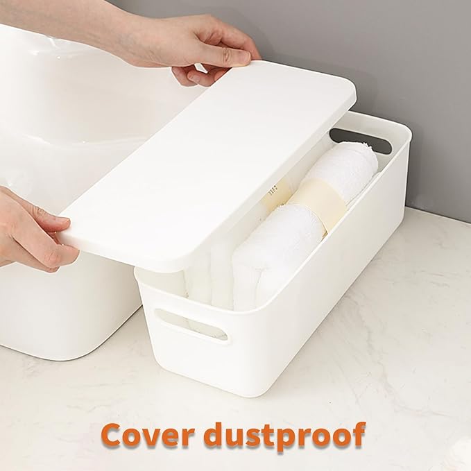 Plastic Storage Baskets With Lid Organizing Container Lidded Knit White Storage - Image 4