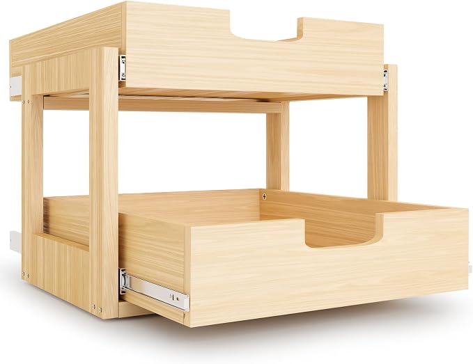 Pull Out Cabinet Organizer, Double Tier Slide out Wood Cabinet Organizer by GREHITK