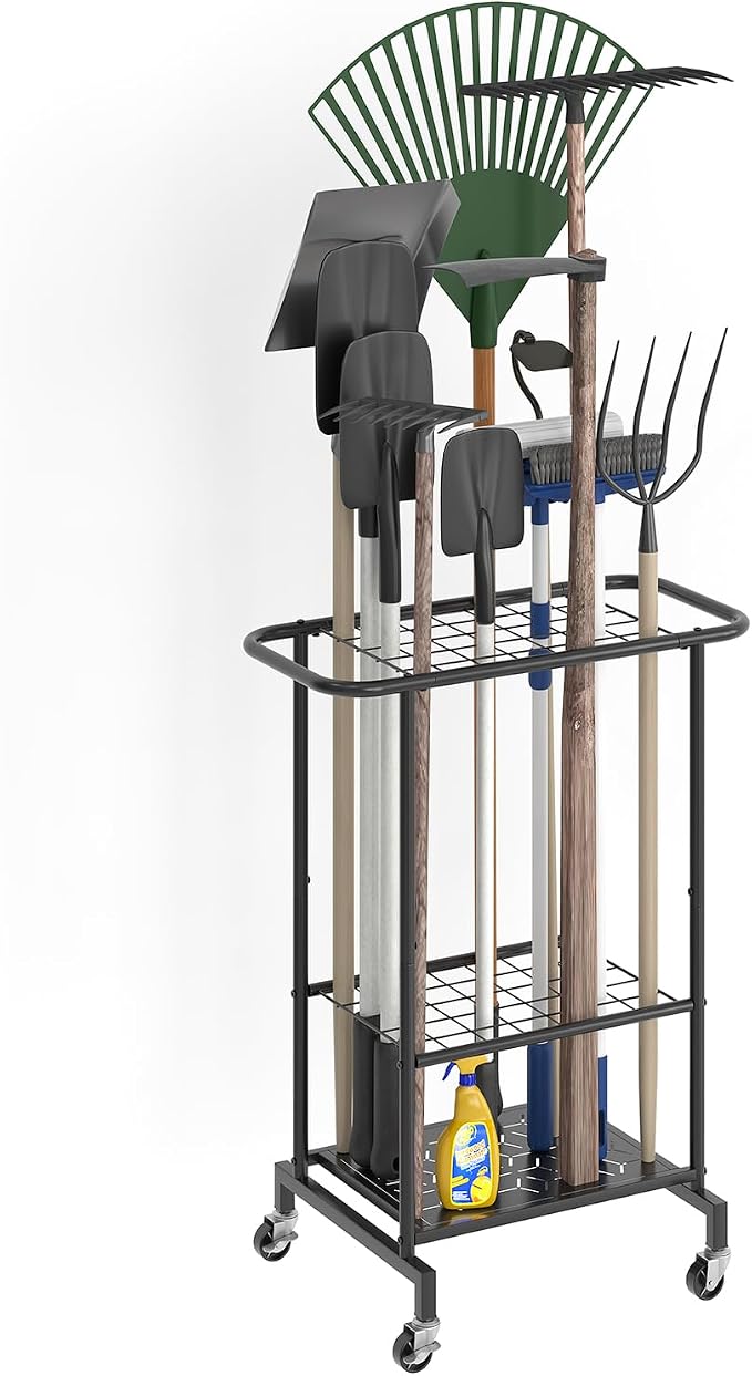 Garden Tool Organizer with Wheels, Heavy Duty Metal Garage Tool Storage Rack by AUGOHCMIL