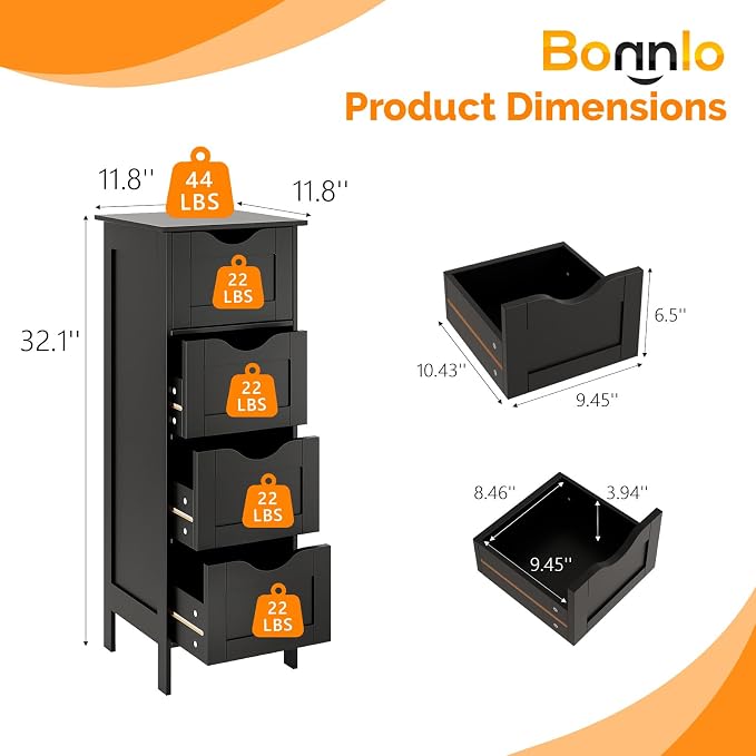 Bonnlo Slim Bathroom Floor Cabinet, 4-Drawer Wooden Freestanding Storage Unit - Image 2