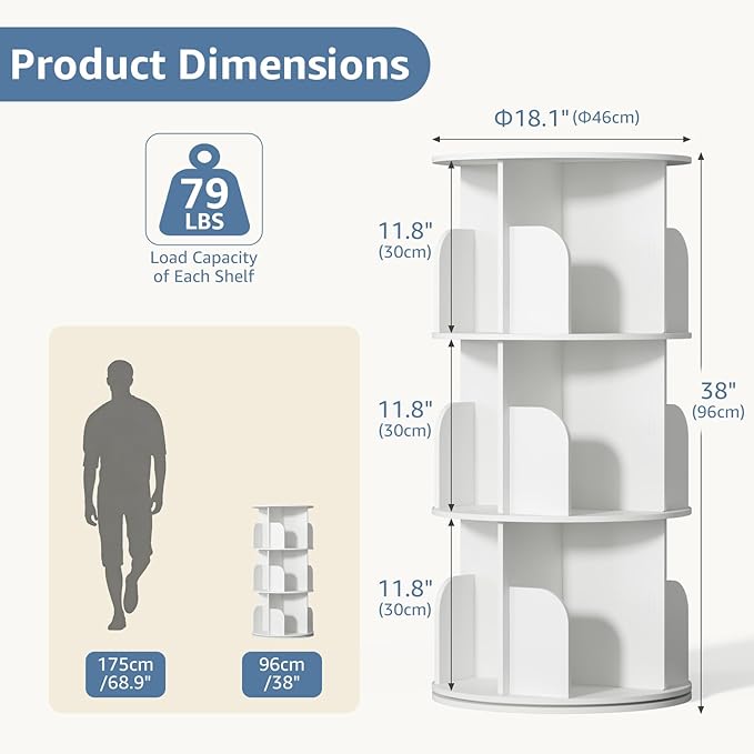 DUMOS 3 Tier Rotating Bookshelf Tower, Study Spinning Bookshelf - Image 2