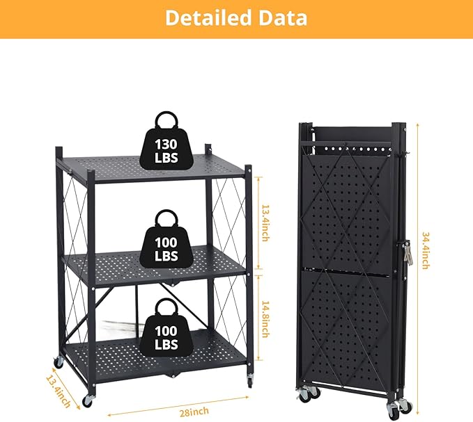 COKIHOM 3-Tier Folding Shelf, No Assembly Metal Shelving Unit - Image 3