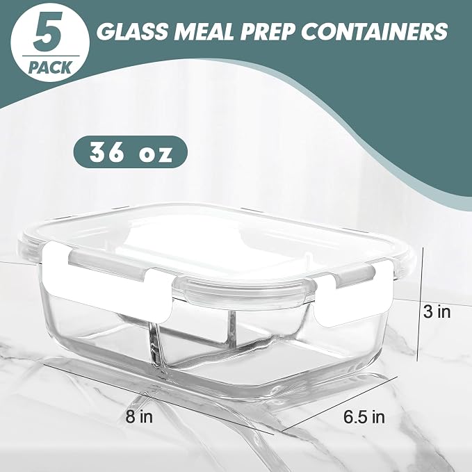 KOMUEE Glass Meal Prep Containers 3 Compartments, 5 Pack 36 oz, Glass Food - Image 4