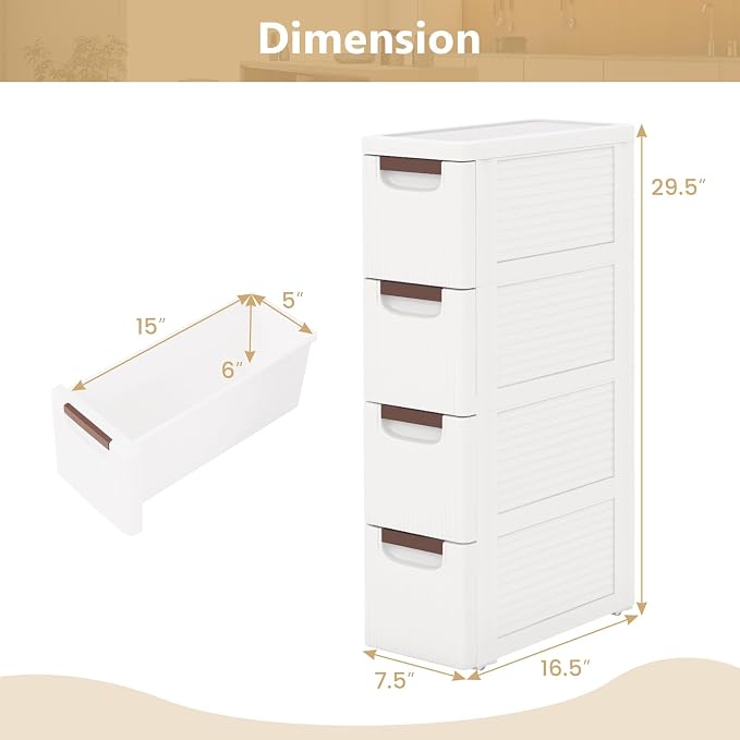 4-Drawer Narrow Storage Cabinet, Slim Rolling Cart | Mobile Plastic Cart - Image 3