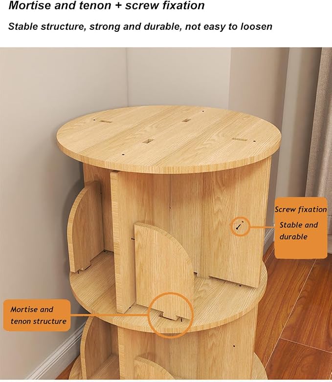 3-Tier Rotating Bookshelf, Wooden Spinning Bookcase - Image 4