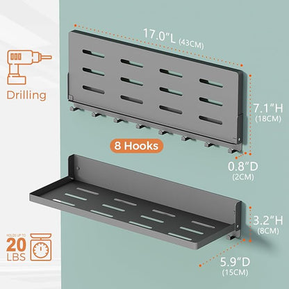 Folding Metal Shelf with Hooks, Wall Mounted Laundry Room Shelf, 8 Hooks & 90° - Image 3