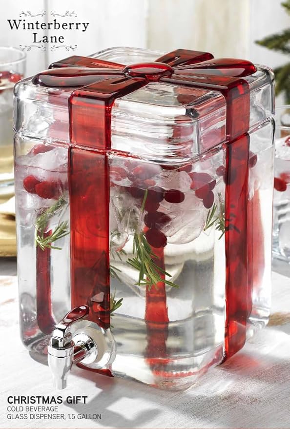 Gift Box Drink dispenser with Red Ribbon Design, Glass Beverage Dispenser - Image 7