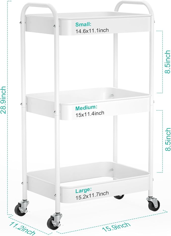 3-Tier Rolling Cart, Metal Utility Storage Carts - Image 2