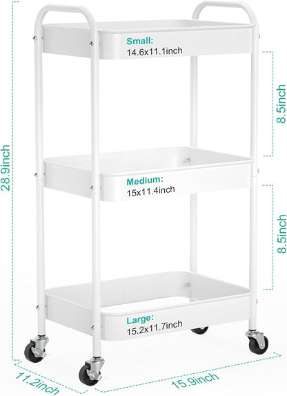 3-Tier Rolling Cart, Metal Utility Storage Carts - Image 2