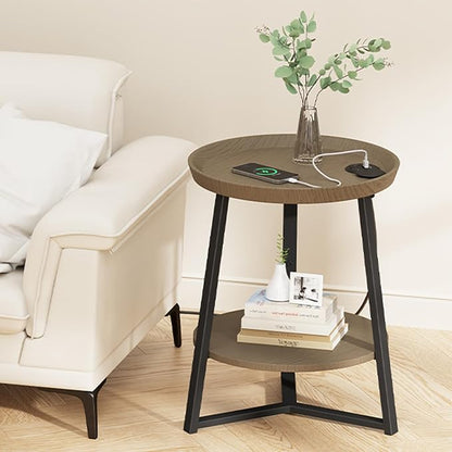 Gadroad Round End Table with Charging Station, USB Ports, Wood Tabletop & Black - Image 2
