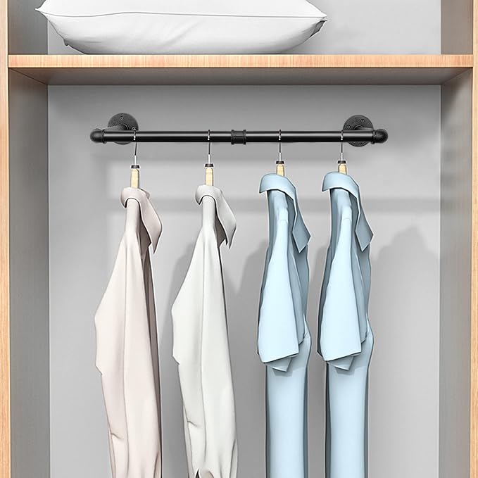 Industrial Iron Pipe Clothes Hanging Bar DIY Wall-Mounted Garment Rack Heavy - Image 8