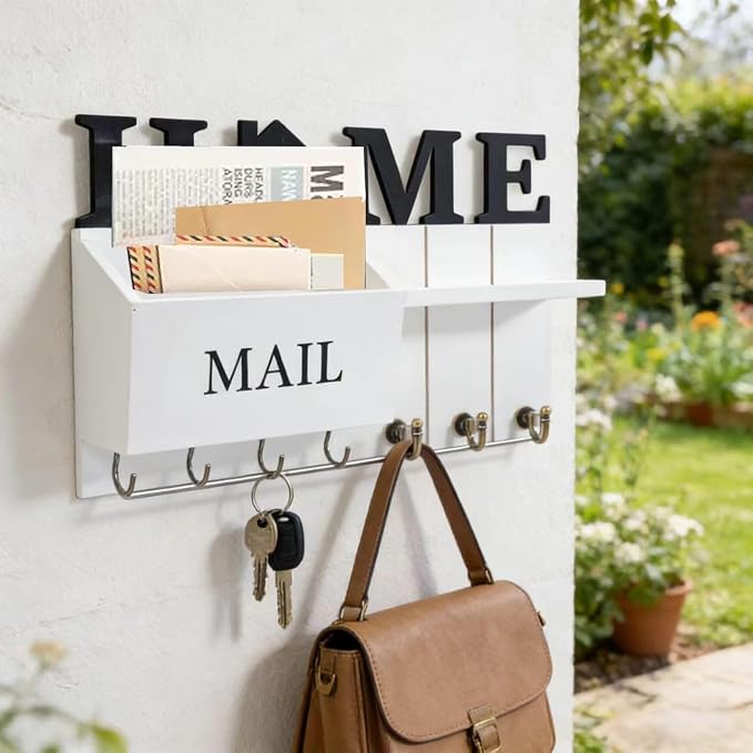 Rustic Wall Key Holder with Shelf & Hooks - Image 3