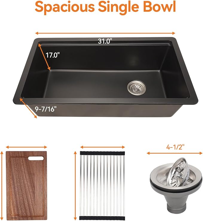 33 Inch Granite Undermount Kitchen Sink, TECASA Utility Composite Single Bowl - Image 7