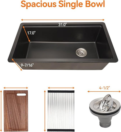 33 Inch Granite Undermount Kitchen Sink, TECASA Utility Composite Single Bowl - Image 7