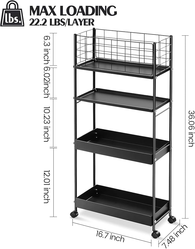 KINGRACK Slim Rolling Storage Cart 4 Tier - Image 9