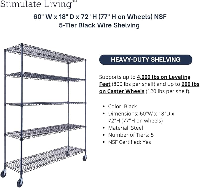 60"x18"x72" Prime Heavy Duty Black 5-Tier Wire Shelving NSF 4000 LBS MAX - Image 4