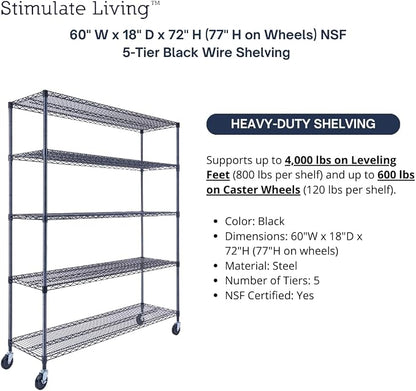 60"x18"x72" Prime Heavy Duty Black 5-Tier Wire Shelving NSF 4000 LBS MAX - Image 4