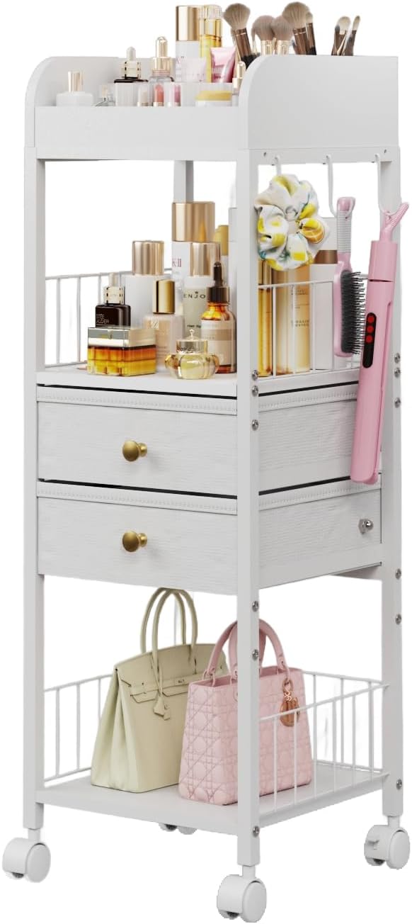 Makeup Organizer Cart with Drawers & 8 Dividers, Rolling Beauty Cart with Hooks by DONGRONG