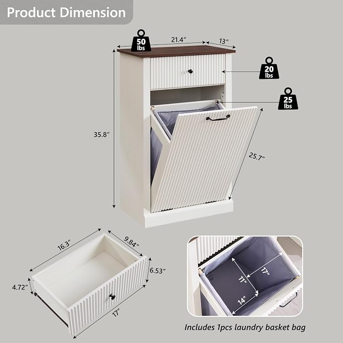 Modern Tilt-Out Laundry Hamper Cabinet, 10 Gallon Fluted Trash Can Cabinet - Image 2