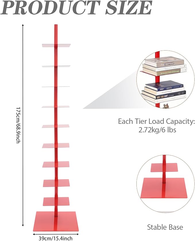 9 Tier Metal Spine Bookshelf Tower, Adjustable Vertical Tower - Image 2