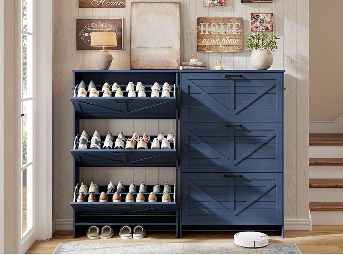 Nicetree Farmhouse Blue Shoe Cabinet – Ultra Slim 3-Drawer Flip Organizer - Image 8
