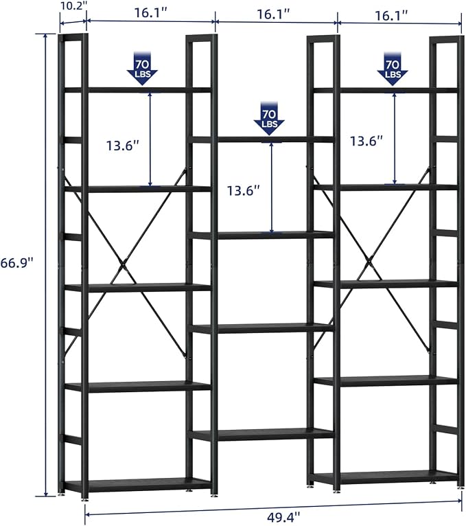 NUMENN Triple Column 5 Tier Bookshelf, Bookcase - Image 3