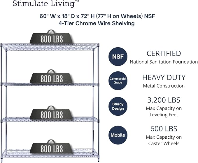 60"x18"x72" Prime Heavy Duty Chrome 4-Tier Wire Shelving NSF 3200 LBS MAX - Image 3