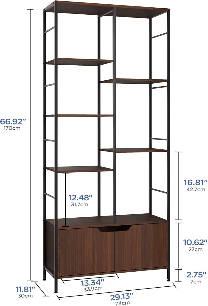 Bookshelf with Doors, 6-Tier Shelf with Storage Cabinet, Industrial Retro - Image 2