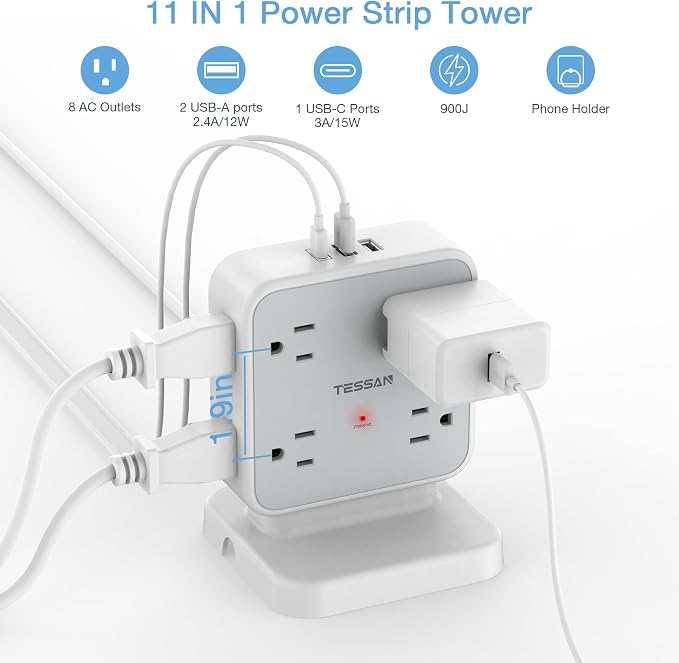 Power Strip Tower Surge Protector, TESSAN 8 AC Outlets - Image 2