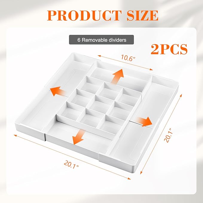 Briwooody 2 Pcs Large Expandable Acrylic Drawer Organizers, Grid Adjustable - Image 2