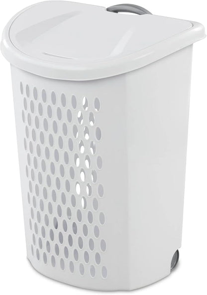 White Wheeled Plastic Laundry Hamper – Adult-Sized Rolling Basket by Unknown