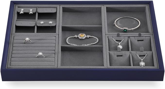 Dark Blue Jewelry Display Tray Ring Necklace Earring Bangle Organizer - Image 3
